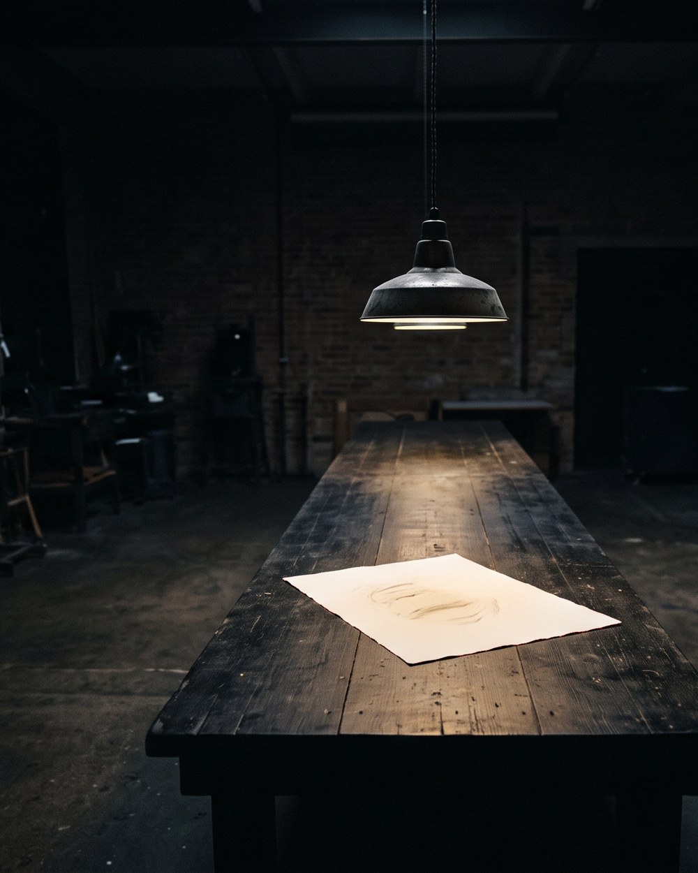 Werkstattatmosphäre: Holztisch mit Lampenlicht in dunkler Umgebung.