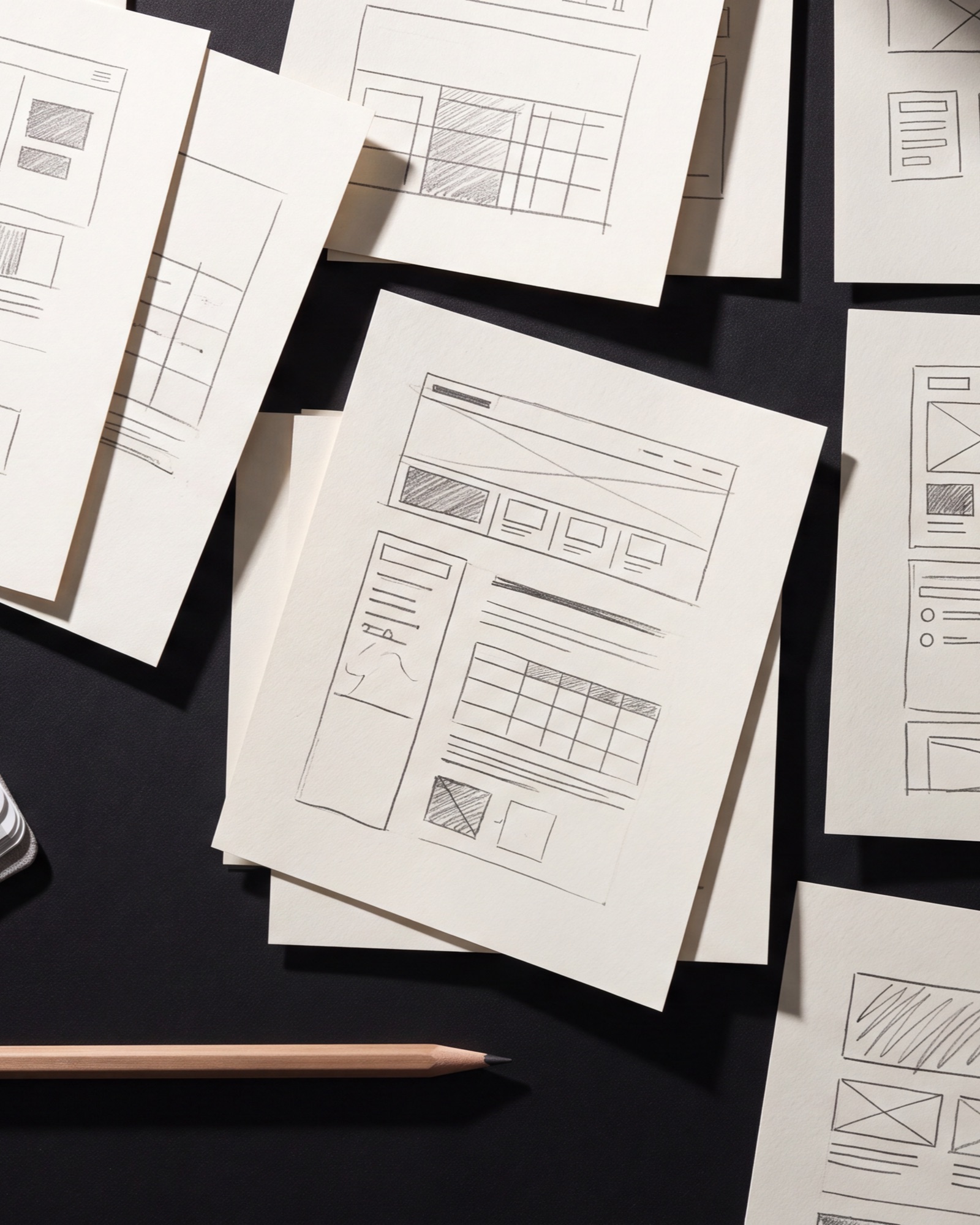 Handskizzierte Wireframes auf Papier, Werkzeugentwurf im Prozess.